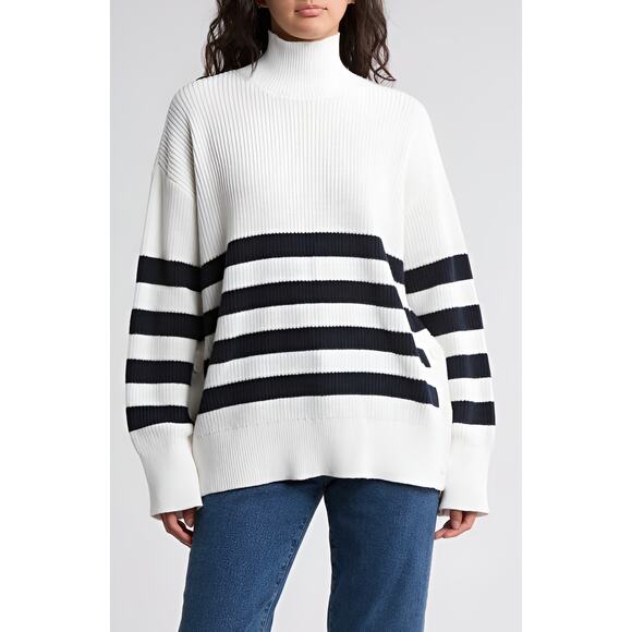 French Connection Breton Striped Funnel Sweater European Chic White Navy XL NEW - Picture 1 of 10